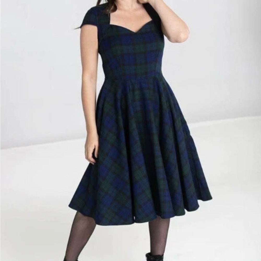 Hell Bunny Blue and Green Tartan Midi Dress